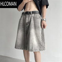 HLCOMAN美式做旧灰色牛仔短裤男夏季潮牌vintage宽松休闲百搭直筒五分裤