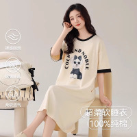 猫人纯棉睡裙女夏季新款短袖可外穿大码带胸垫睡衣家居服套装