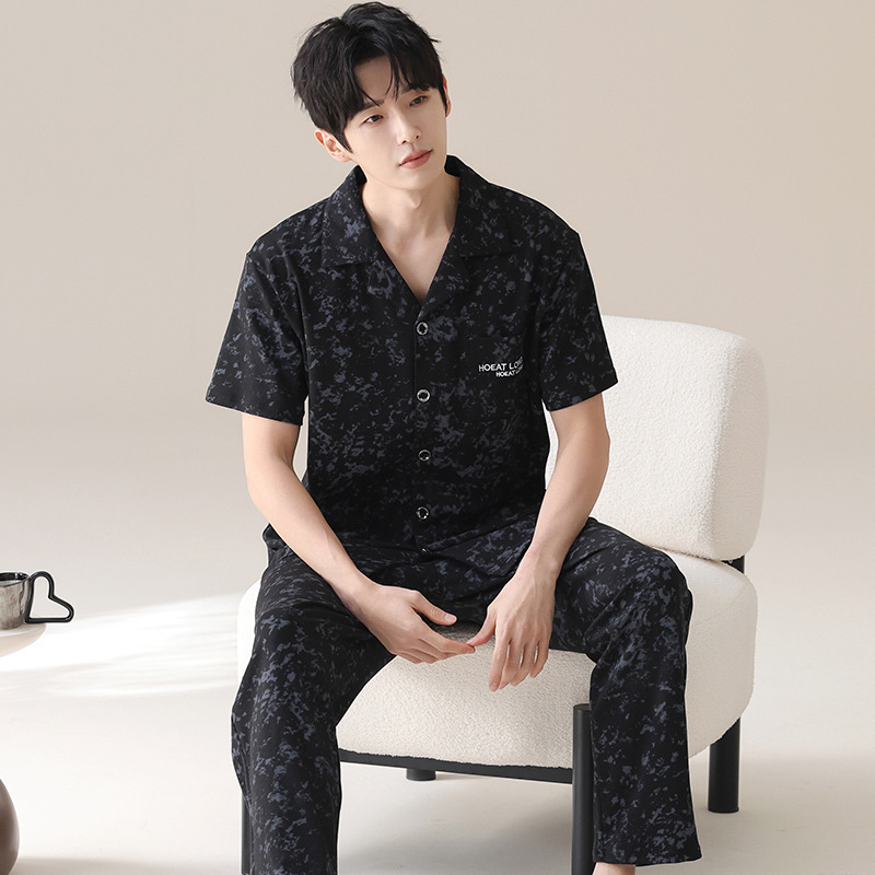 睡衣男皱布夏季开衫短袖长裤加肥加大码宽松休闲青少年家居服套装