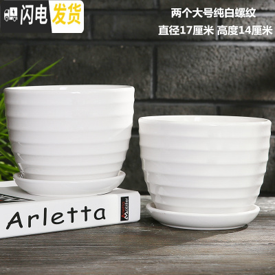 三维工匠花盆陶瓷大号欧式个性创意北欧简约塑料多肉花盆绿萝吊兰 两个大号纯白螺纹花盆 大花盆容器
