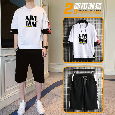 狮臣SHICHEN短袖套装男2020年夏季新款休闲运动套装男T袖五分裤两件套潮流百搭短袖套装男士T恤套装男装TZ2536白色L