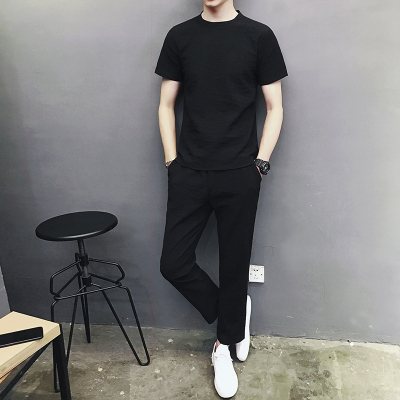 蓝缕金(LANLVJIN)男士休闲运动跑步套装男装2021夏季新款时尚帅气两件套短袖T恤搭配长裤青少年舒适一套