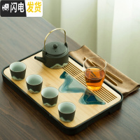 三维工匠日式功夫茶具家用茶壶茶杯陶瓷干泡茶盘套装简约办公室小茶台茶海 黑釉化彩远山茶具+远山盘(黑色密胺底盘)