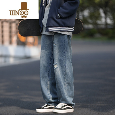 YANXU夏季新款水洗复古破洞牛仔裤男士阔腿直筒裤宽松百搭长裤