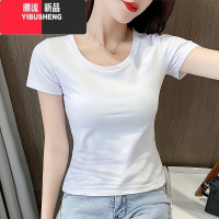 YIBUSHENG圆领短袖修身白色t恤女2024新款显瘦v领黑色紧身薄款上衣肩宽
