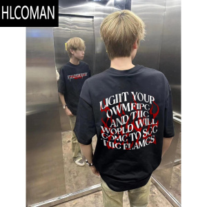 HLCOMAN美式潮牌高街黑色短袖t恤男夏季简约国潮宽松显瘦上衣ins