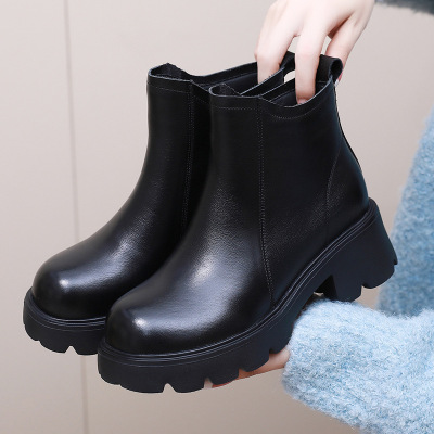 真皮复古软底女侧拉链粗跟头层牛皮短靴女圆头厚底马丁靴单靴