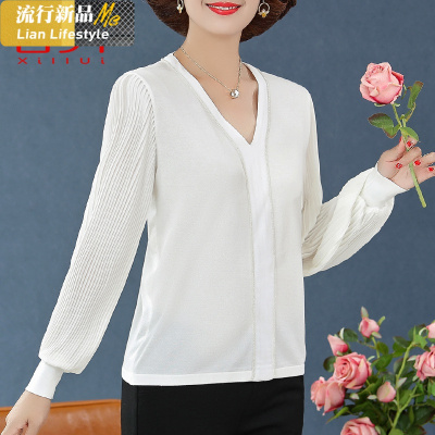 恋名媛妈妈春装气质V领上衣40岁50中老年女装春季薄款长袖针织打底小衫妈妈装