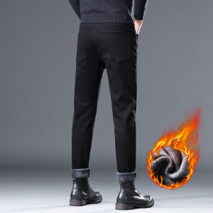 春秋新款加绒品质牛仔裤男抗皱易打理修身小直筒裤黑色舒适长裤子