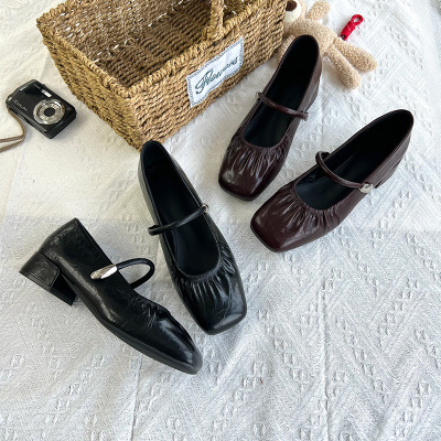 头层羊皮鞋垫玛丽珍鞋女秋季新款褶皱时装单鞋女休闲芭蕾女鞋