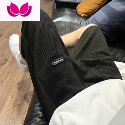 七斓冰丝薄款华夫格短裤男高街潮牌直筒宽松休闲五分裤学生阔腿篮球裤