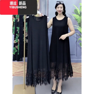 YIBUSHENG小燕子服饰2024年春新款时尚拼接蕾丝镂空无袖连衣裙打底背心裙
