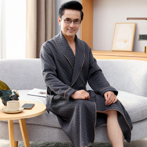 睡袍男士睡衣秋冬季加厚纯棉中老年爸爸夹棉夹层浴袍浴衣长款保暖