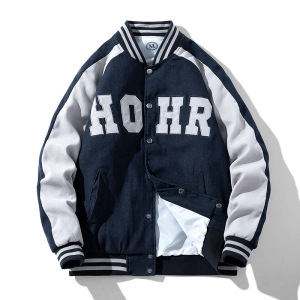 男装春秋季棒球服美式复古字母绣花开衫排扣立领潮外套男