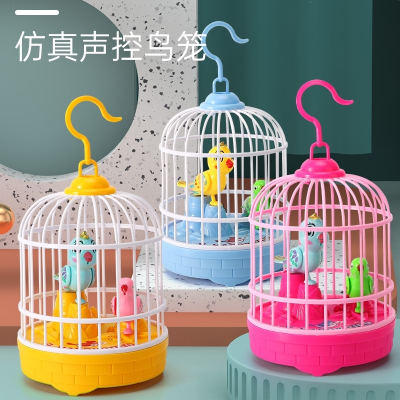 感应声控小鸟玩具智扣仿真电动带鸟笼有声会动会叫儿童3-4岁婴儿宝宝双鸟大鸟款-蓝（带灯光）电池版（3个普通电池）