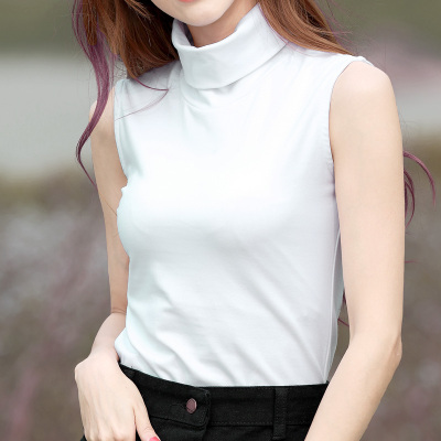 广赫黑色棉夏天高领上衣无袖背心打底衫女配大衣的内搭薄款针织冬季