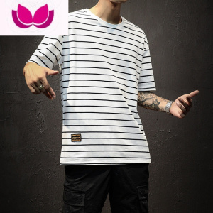 七斓条纹短袖T恤男士夏季港风潮流圆领大码胖子休闲宽松潮牌半袖体恤