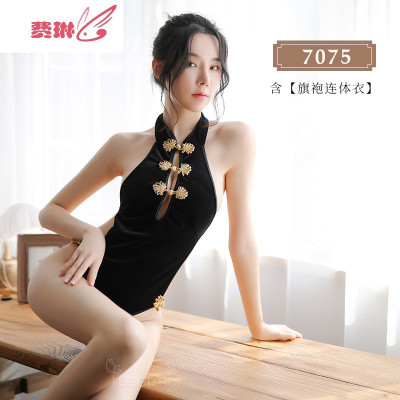 情趣内衣古典旗袍连体衣丝绒性感露背惑套装骚费琳