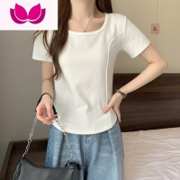 七斓方领长袖t恤女2023春季新款辣妹纯欲修身打底衫内搭短款上衣