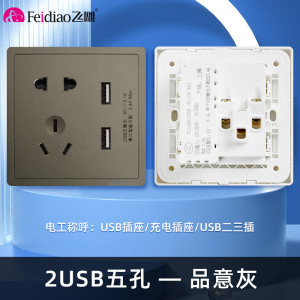 飞雕(FEIDIAO)开关插座 86型家用暗装超大面板PC支架 品意系列家用插座 品意灰五孔带二位USB 3.1A
