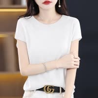 冰丝短袖T恤女夏季新款亮丝气质针织衫亚麻圆领上衣薄款百搭宽松