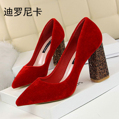 迪罗尼卡828-6欧美风夜店高跟鞋女鞋亮片粗跟高跟绒面浅口尖头单鞋
