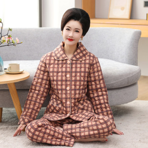 夹棉棉中老年中年外穿季加厚三层保暖妈妈宽松套装家居服睡衣女冬