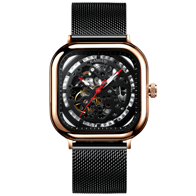 卡梭(kassaw)手表男防水潮流镂空自动机械表时尚商务方形夜光男士手表