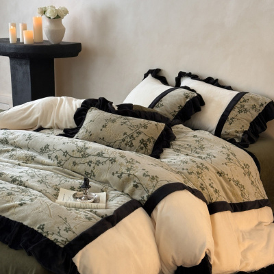 高端中古风刺绣牛奶绒四件套精致荷叶边绒被套加厚元旦乔迁床品