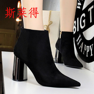斯莱得-欧美时尚简约金属跟粗跟高跟绒面显瘦夜店短靴及裸靴