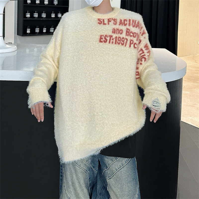 毛衣男美式潮牌仿貂毛春秋季新款潮流创意提花字母宽松情侣针织衫