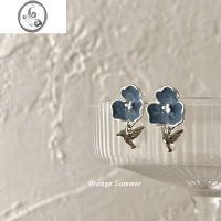 JiMi橘夏|复古法式蓝色花朵小鸟滴釉耳环小众高级感耳钉无耳洞耳夹女