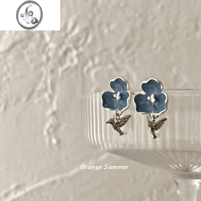 JiMi橘夏|复古法式蓝色花朵小鸟滴釉耳环小众高级感耳钉无耳洞耳夹女