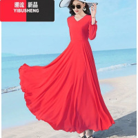 YIBUSHENG演出双层大摆跳舞长裙长袖雪纺连衣裙沙滩裙大码三亚旅游拍视频秋