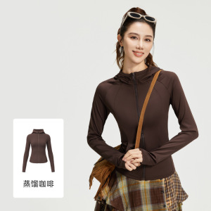 春季新款女带口袋连帽紧身女健身运动瑜伽服外套