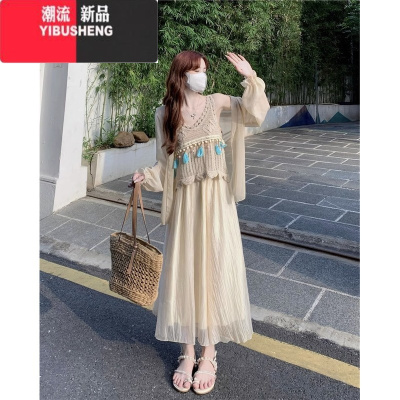 YIBUSHENG镂空流苏吊带背心女装季防晒衫套装2024年新款长袖半身裙三件套