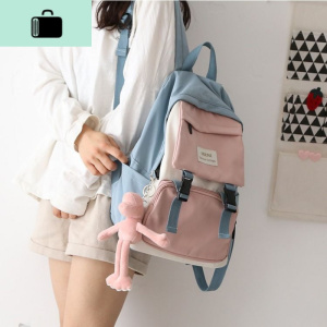 日系拼色工装风双肩包书包女韩版ins撞色初中高中学生简约背包女NEW LAKE