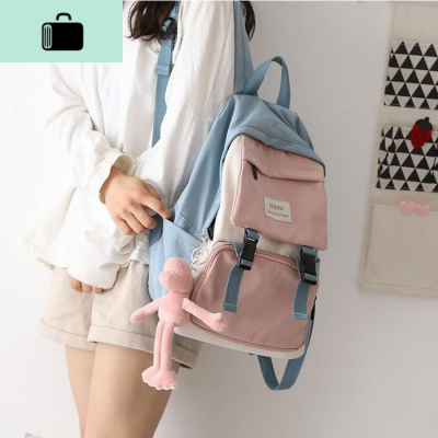 日系拼色工装风双肩包书包女韩版ins撞色初中高中学生简约背包女NEW LAKE