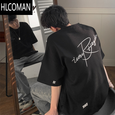 HLCOMAN美式复古印花t恤男夏季高街嘻哈百搭短袖情侣潮牌ins宽松圆领半袖