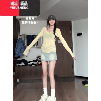YIBUSHENG奶fufu黄色薄款休闲V领长袖t恤女春季辣妹小众修身显瘦防晒罩衫
