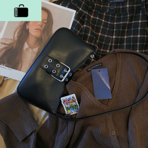 复古冷淡风皮扣设计黑法棍包女2020新款韩版腋下百搭单肩手提包潮NEW LAKE 黑色女士单肩包 黑色现货