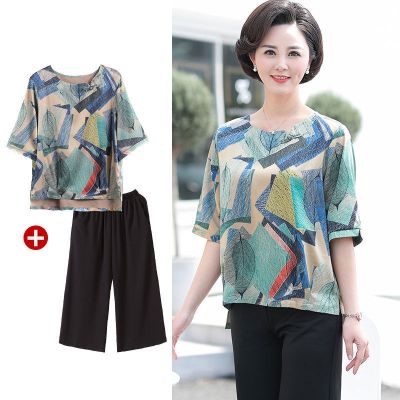 妈妈装夏装套装短袖t恤女半袖宽松大码中老年女装两件套T女青戈