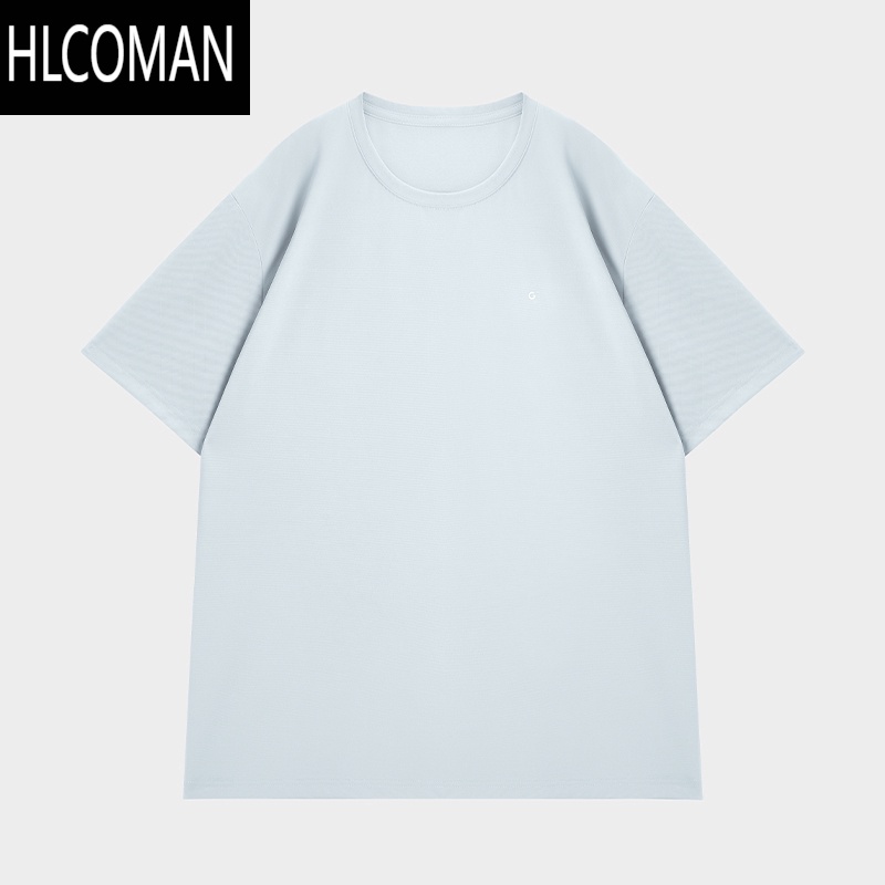 HLCOMAN[敖瑞鹏同款]蓝色短袖t恤男夏季纯色盐系索o娜凉感五分袖