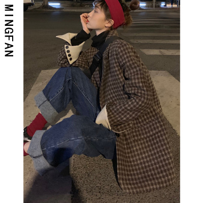 FISHBASKET2020年新款女装中长款格子呢子外套加厚西装毛呢大衣小个子潮毛呢外套