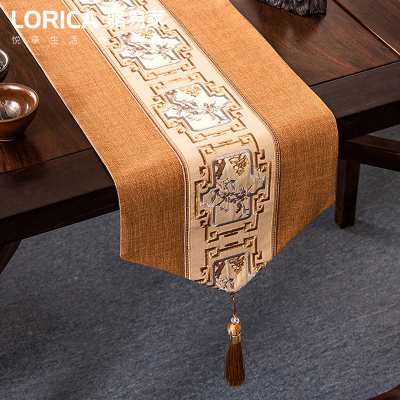 新中式桌旗禅意刺绣茶几餐桌布长条装饰布现代简约电视柜盖巾 南山秀色-卡其 33*210cm(适用桌长1.6米-1.7米)