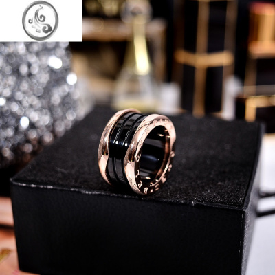 JiMi欧美黑色陶瓷网红戒指男女情侣款钛钢镀玫瑰金食指环戒子潮人