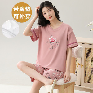 带胸垫棉质睡衣女夏季短袖短裤薄款家居服套装夏天休闲可外穿套装