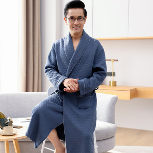 睡袍男士睡衣秋冬季加厚纯棉中老年爸爸夹棉夹层浴袍浴衣长款保暖