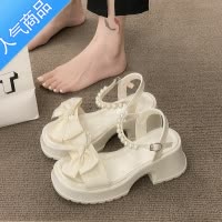 SUNTEK法式仙女风凉鞋女配裙子2023夏季新款厚底粗跟蝴蝶结一字带沙滩鞋