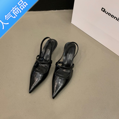SUNTEK黑色高跟鞋尖头单鞋仙女鞋子2023新款春夏季气质名媛法式包头凉鞋
